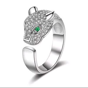 NWT Silver Plated Leopard Head Open Adjustable White & Green Faux Diamond
